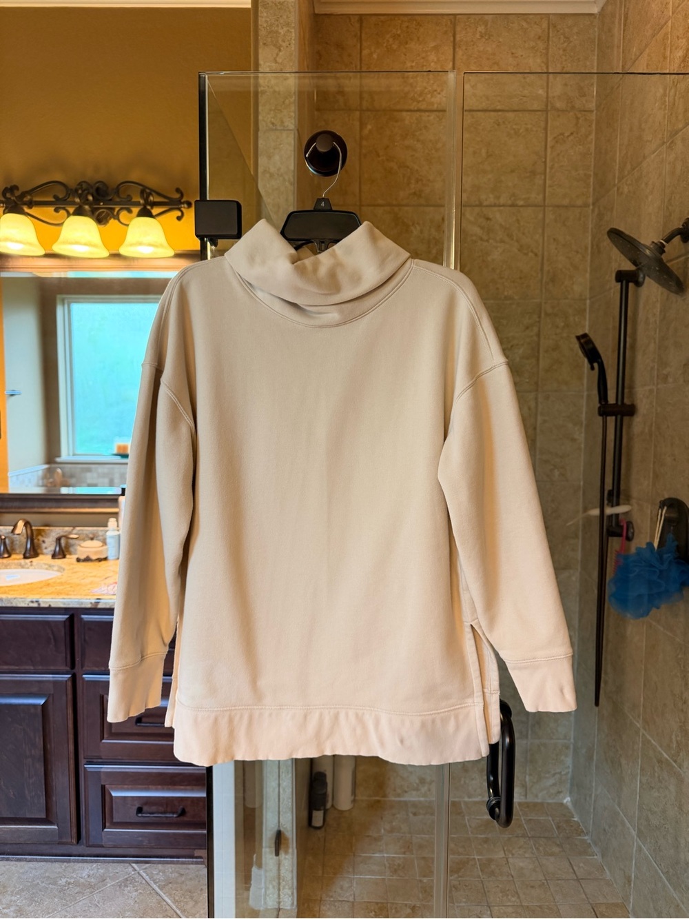 Athleta 24/7 Funnel Neck Pullover Sweatshirt Putty Beige Size Medium- EUC